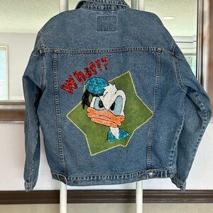 Donald Duck Sequin Embroidered Jacket sz L Denim Handmade Disney Cropped Jean